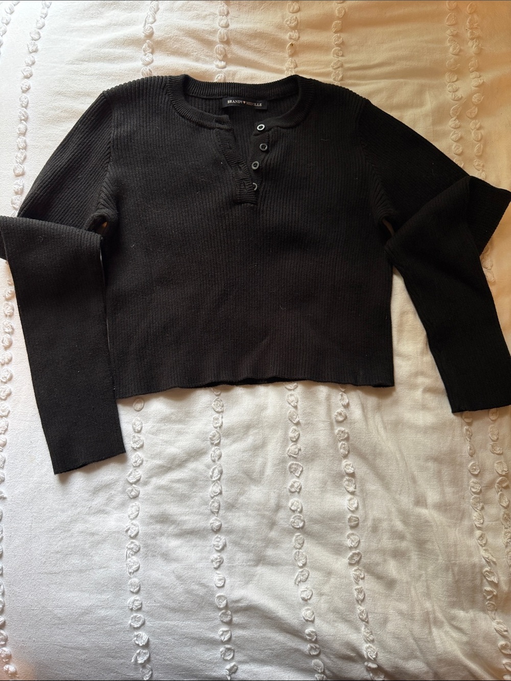 Brandy Melville Black Ribbed Henley Long Sleeve Crop